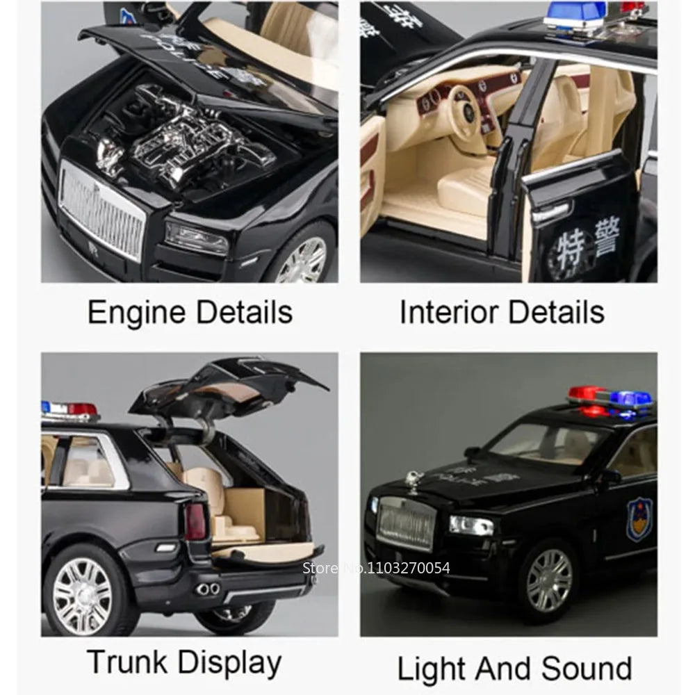 1/24 Rolls Royce Cullinan Phantom Model Car Toys Alloy Diecast Police Car Sound Light Pull Back Door Opened Rubber Tire Kid Gift