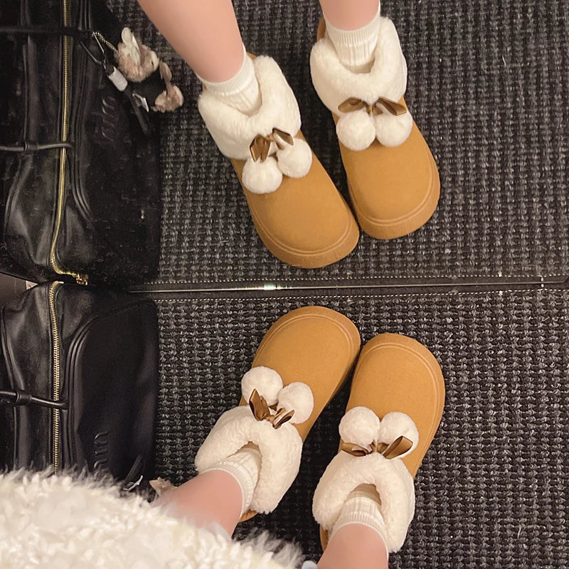 Cute Ball Platform Snow Boots for Women Comfort Thick Bottom Non Slip Fluffy Ankle Boots Woman Slip On Plush Warm Cotton Shoes