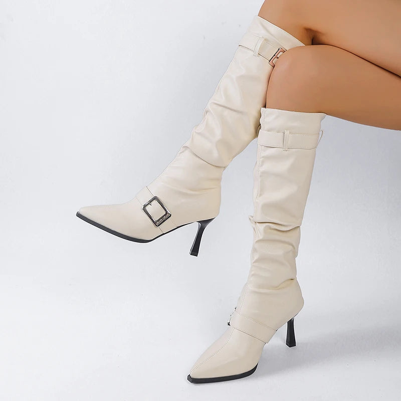 Sexy Black Pointed Toe Knee High Boots Women Fashion Belt Buckle Thin Heel Long Boots Woman Pu Leather High Heel Botas Mujer 42