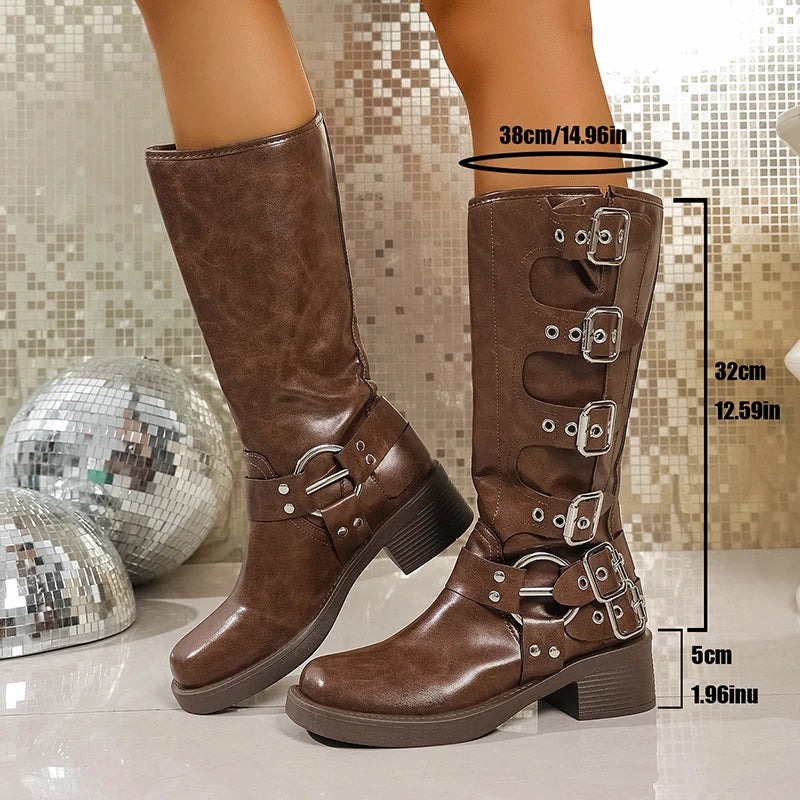 Fashion Buckle Platform Motorcycle Boots Women Plus Size 43 Thick Heels Punk Knee High Boots Woman Pu Leather Goth Long Botas