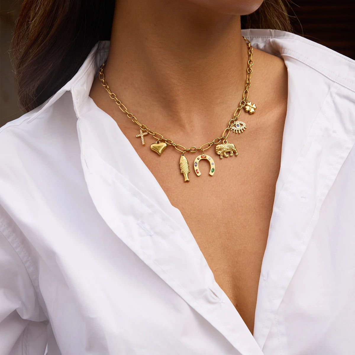 Uworld Fashion Trendy Stainless Steel Colorful Rhinestone Horseshoe Pendant Necklace Heart Shaped Fish Multi pendant Necklace Wo