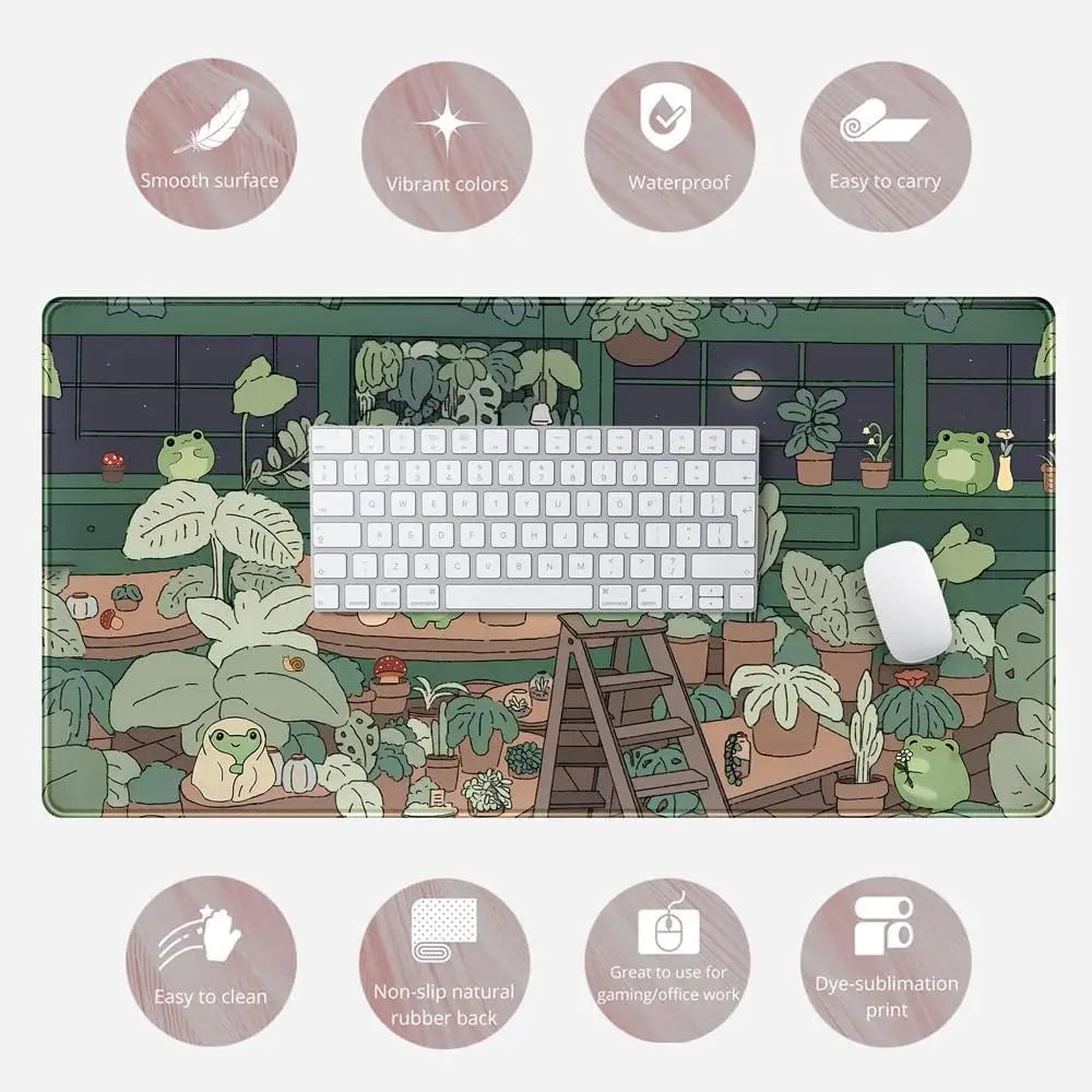 Cute Frog Mouse Pad Desk Pad Kawaii Green Desk Decor Mat, Large Gaming Mouse Pad for Desk Computer Keyboard Laptop for Girl