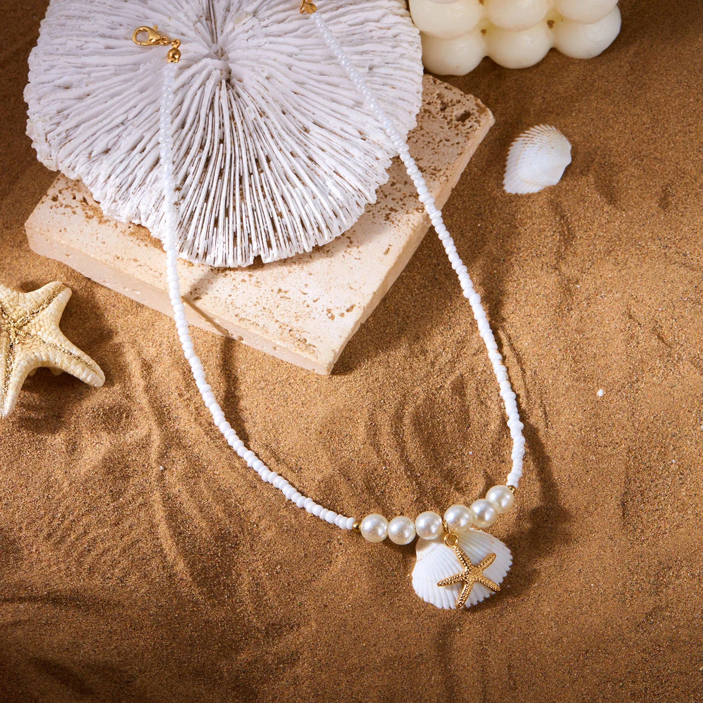 Boho Cute Starfish Shell Rice Beads Necklace for Women Summer Beach Sexy Short Choker Neck Chain Jewelry Vacation Accessories