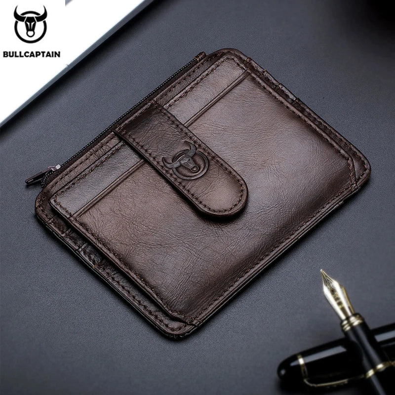 BULLCAPTAIN Genuine Leather RFID Blocking Zipper Card Holder Credit Cart Wallet Mini Slim Wallet Card & Id Holders Man Business