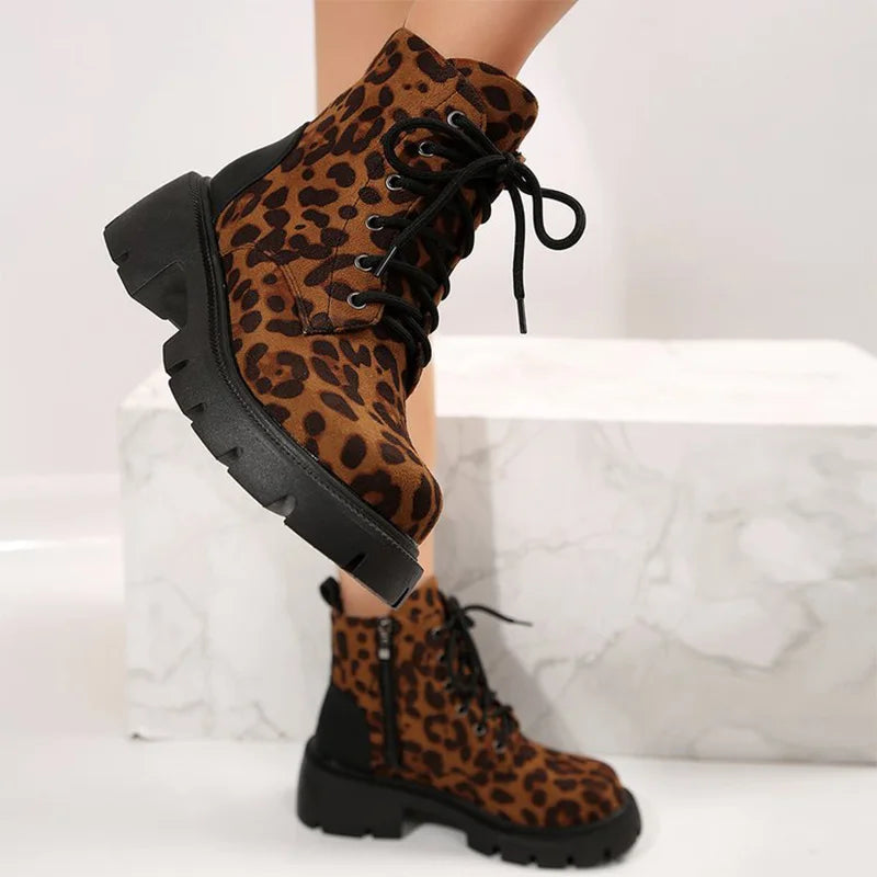 Y2K Leopard Faux Suede Boots for Women Vintage Square Heel Platform Ankle Boots Woman 2025 Autumn Zipper Up Booties Female