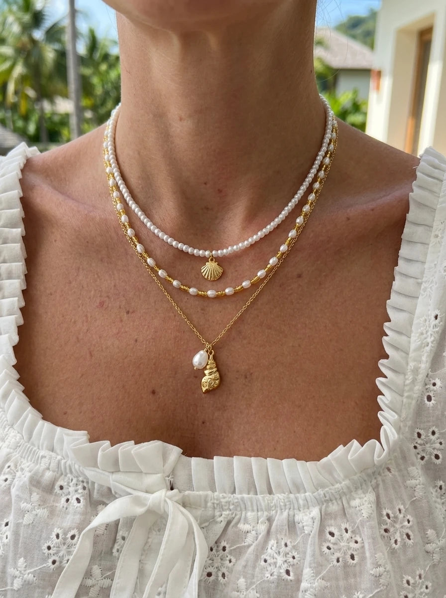 3Pcs Bohemian Conch Faux Pearl Seed Bead Choker Necklace Beach Vacation Ocean Layered Jewelry Set