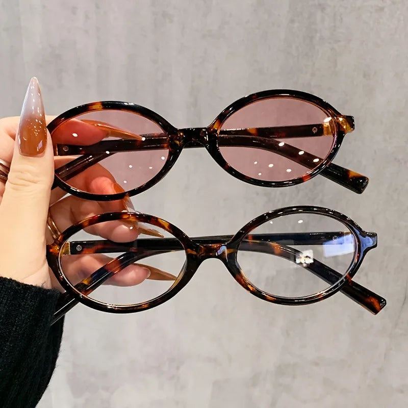 2 Pcs Women Oval Retro Glasses Y2K Leopard Small Frame Glasses New Fashion Simple Vintage Female Girls Eyewear