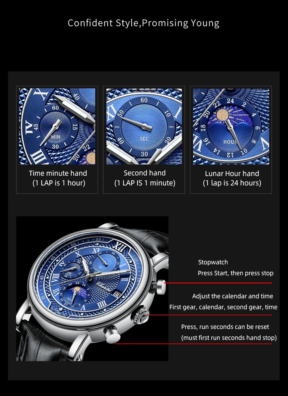 Chenxi Men Leather Chronograph Phase of The Moon Luminous Quartz Watch RoseShell