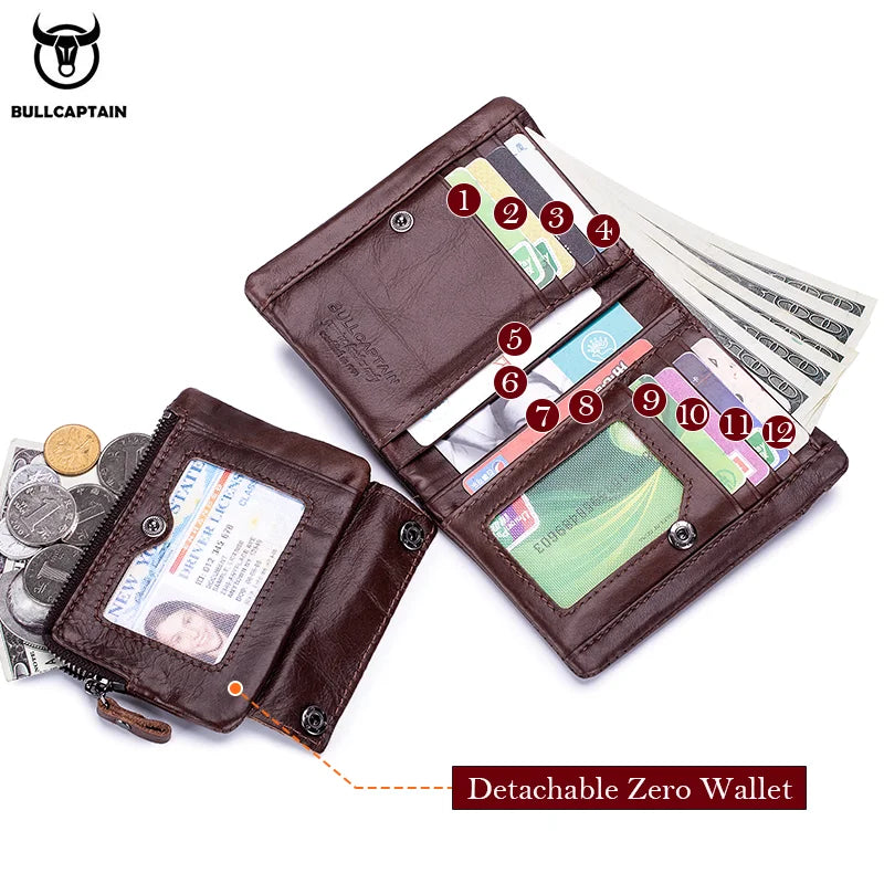 BULLCAPTAIN Short Tri-Fold Buckle Zipper Wallet Men's Cow Leather Wallet Coin Purse Money Bag Business Card Holder RFID Holder