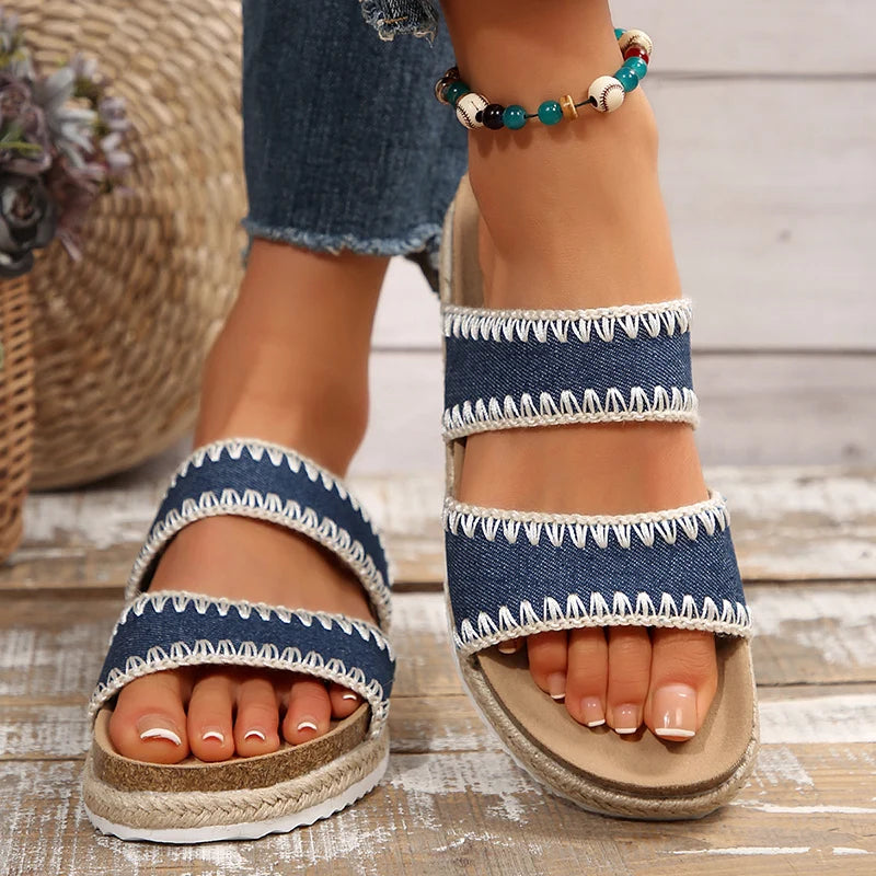 Bohemian Style Platform Slippers Women Plus Size 43 Embroidery Denim Thick Bottom Sandals Woman Open Toe Non Slip Summer Sandles