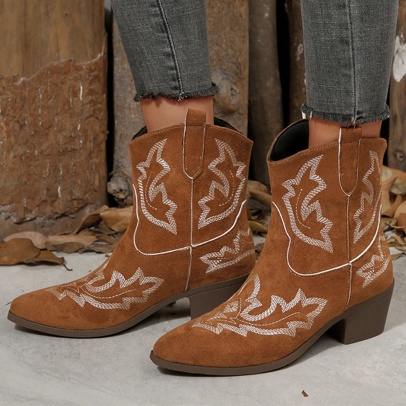 Vintage Embroidery Pattern Boots Women 2025 Square Heel Pointed Toe Ankle Boots Woman Comfortable Faux Suede Booties Mujer
