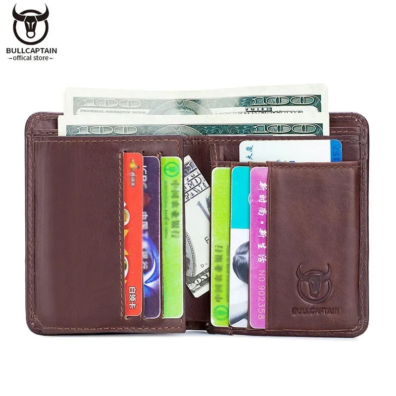 Bullcaptain RFID Leather Men's Wallet with Coin Purse Retro Fashion Men's Wallet Features Brown Short Wallet Card Holder Clutch