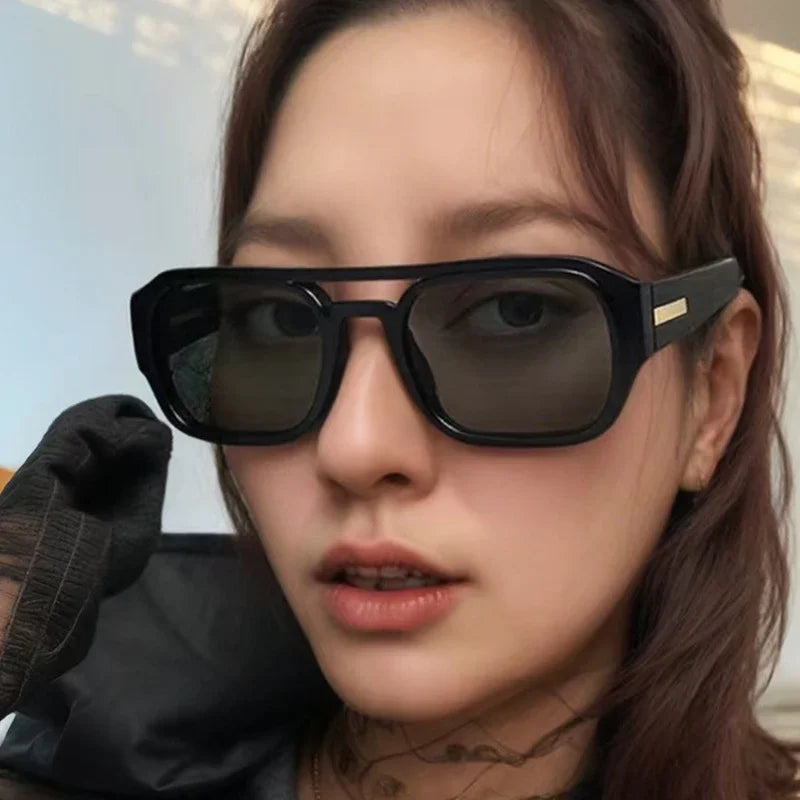 JNPCXI Retro Double Bridges Polygon Square Women Sunglasses Fashion Green Shades UV400 Men Clear Gradient Sun Glasses