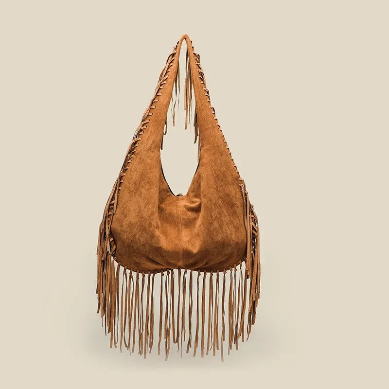 Brown Retro Tassel Women Armpit Bag Suede Design Dumpling Shoulder Bag W.Cowboy
