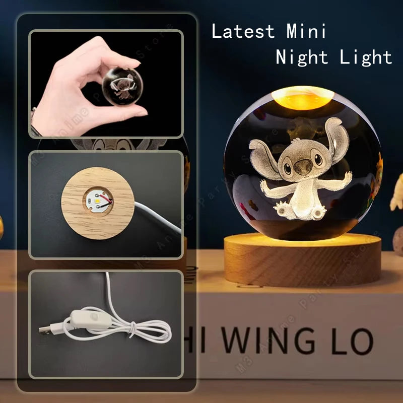 5cm Lilo and Stitch Disney Unique 3D Crystal Ball Lamp LED Luminous Night Light