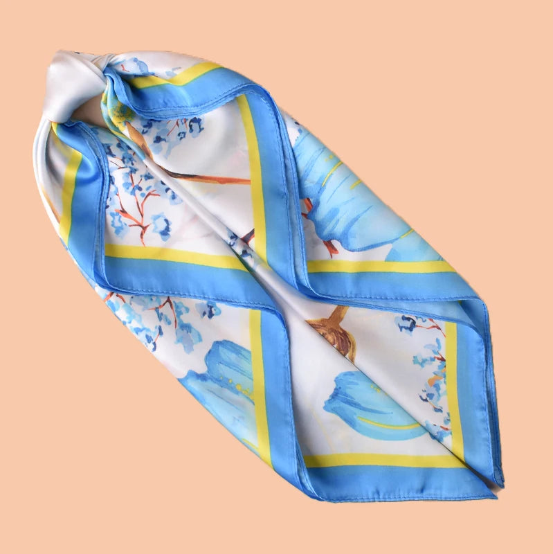1pc Sweet Large Flower Print Silk Satin Square Scarf Women's Hair Accessory Spring New Style Versatile Belt Bag Decoration Heads