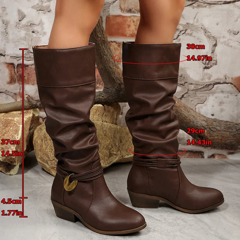 Slip On Thick Heels Knee High Boots Women Metal Decor Non Slip Pu Leather Boots Woman Plus Size 36-43 Retro Long Botas Mujer