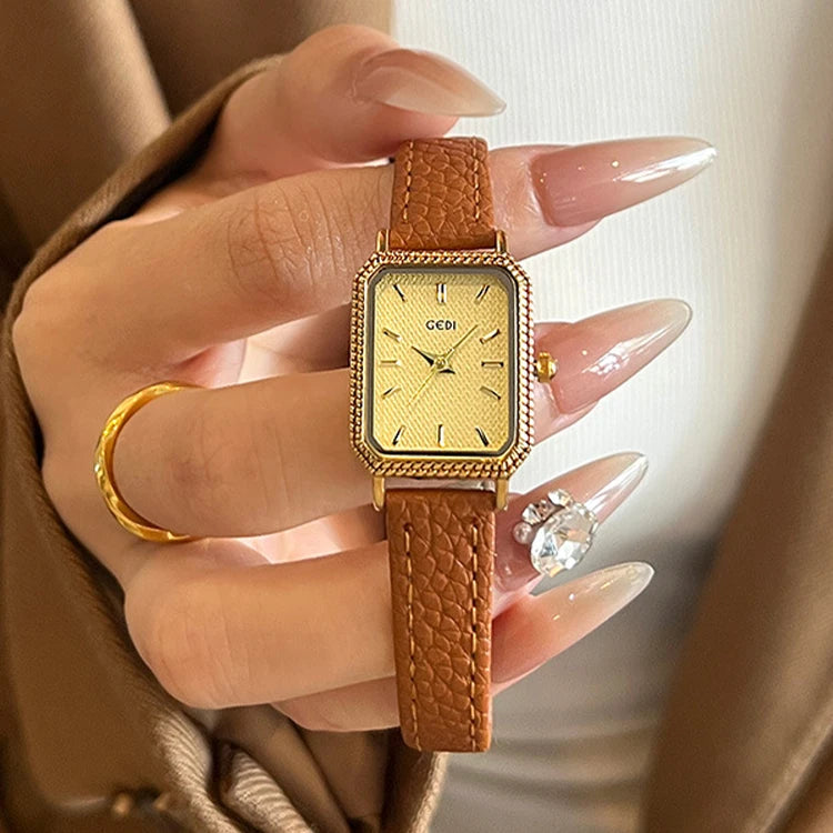 GEDI Ladies Small Wristwatches Elegant Square Vintage Watches for Woman Girlfriend Leather Strap Quartz Watch Gifts New