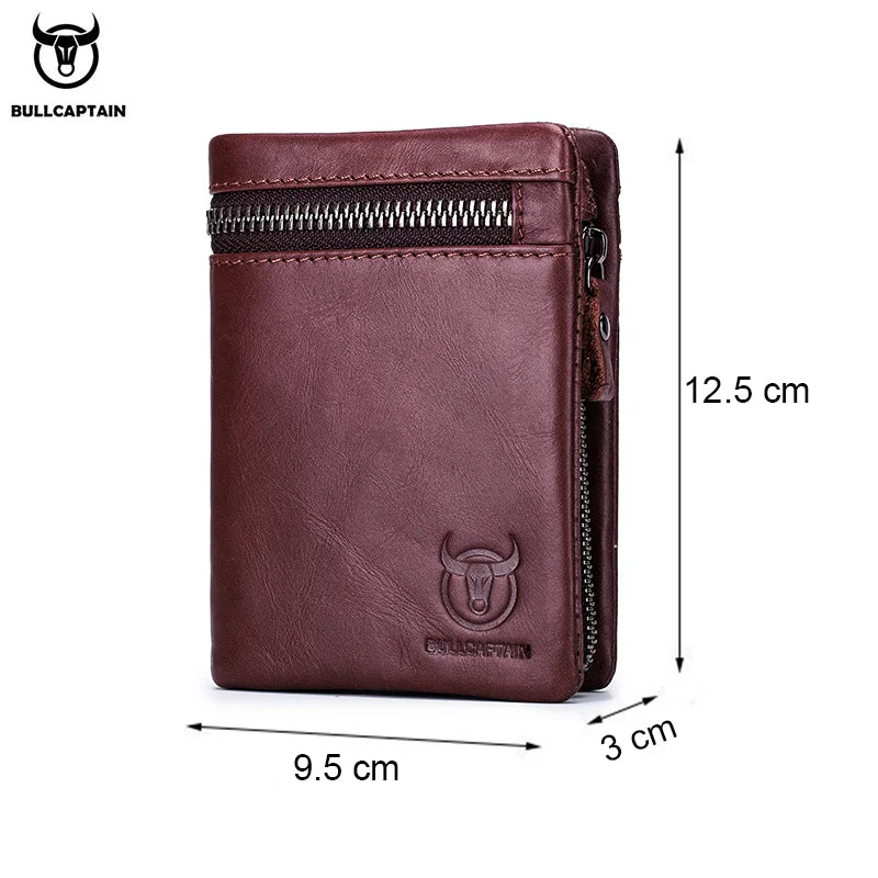 BULLCAPTAIN Short Tri-Fold Buckle Zipper Wallet Men's Cow Leather Wallet Coin Purse Money Bag Business Card Holder RFID Holder