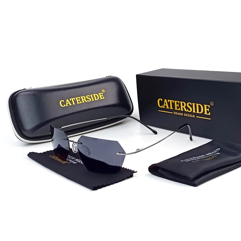 CATERSIDE Polarized Rimless Sunglasses Men 100% Titanium Ultralight Polygonal Sun Glasses Woman Cosplay Driving Party Eyewear