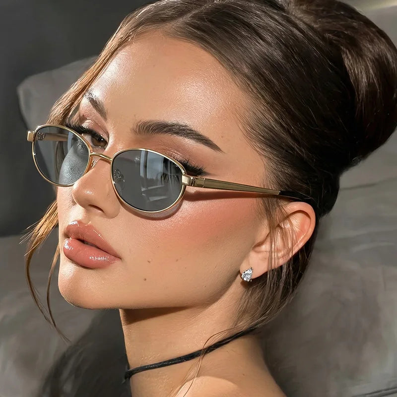 JNPCXI Retro Oval Metal Women Sunglasses Fashion Gold Tea Punk Men Shades UV400