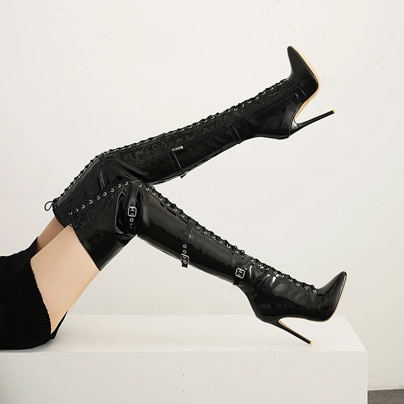 Sexy Red Thin High Heels Over The Knee Boots Women Cross Tied Pointed Toe Thigh High Boots Woman Patent Leather Long Botas 33-46