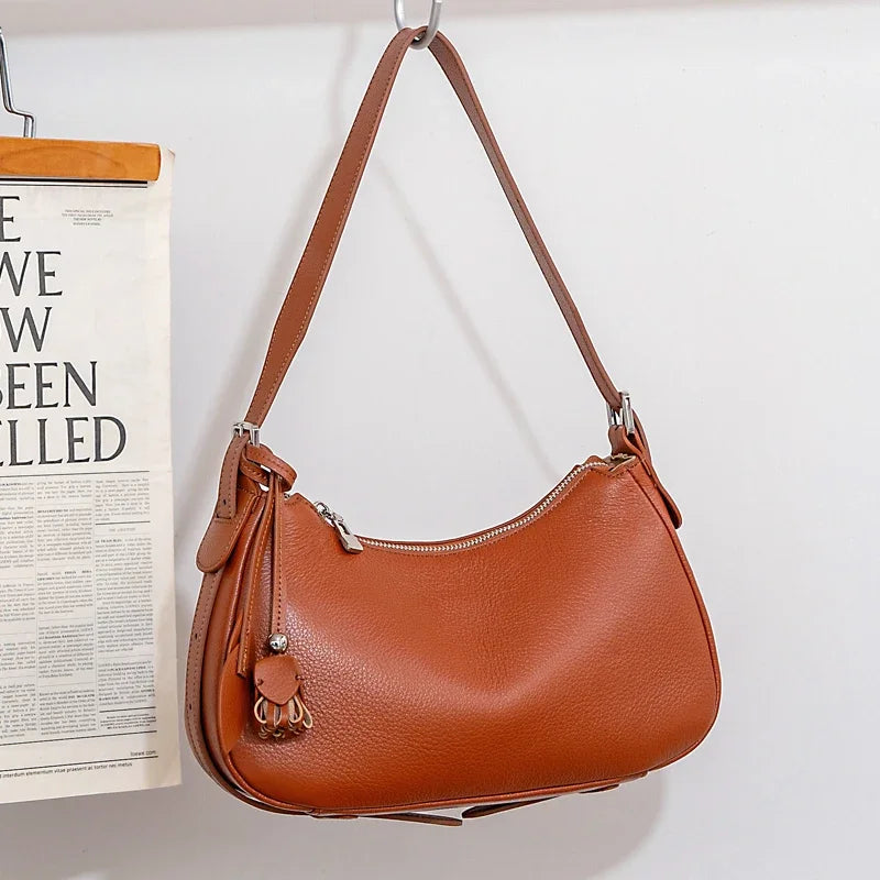 Genuine Cowhide Leather Slouchy Hobo Shoulder Bag for Women Pebbled Leather Crossbody Bag with Tassel Charm Luxury Designer Bag