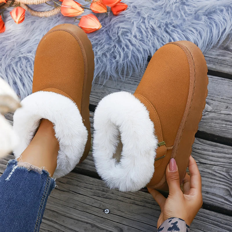 Fluffy Fur Platform Snow Boots Women 2025 Fashion Buckle Short Plush Ankle Boots Woman Comfortable Thick Sole Warm Winter Shoes