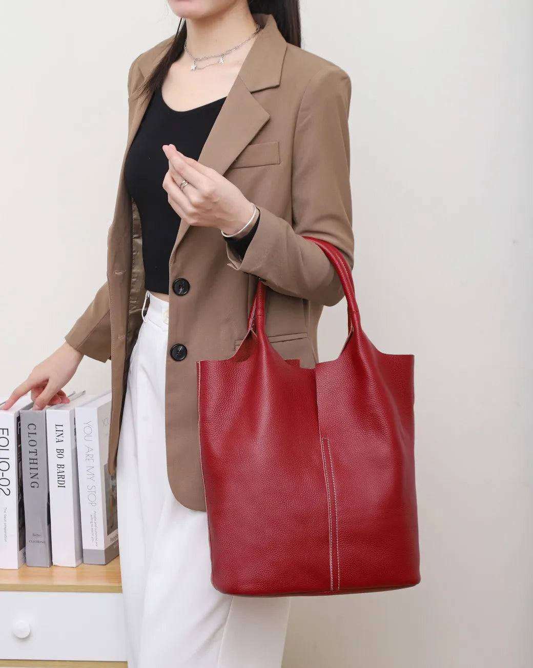 Genuine Leather Tote Bag, Soft Cowhide Shoulder Handbag, Large Classy Women Bag