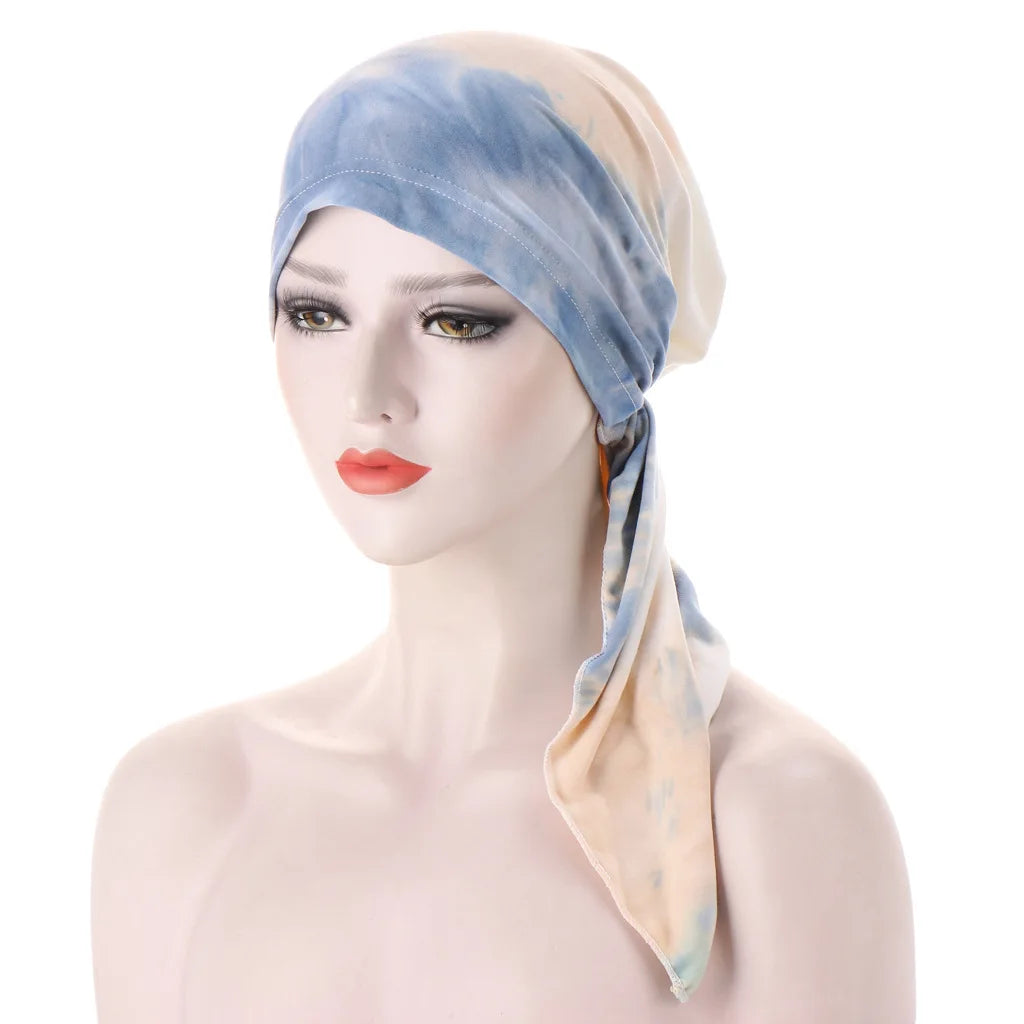Trendy Print Women Muslim Hijab Caps Wrap Head Soft Elastic Long Tail Turban Bonnet Fashion Headdress Wearable