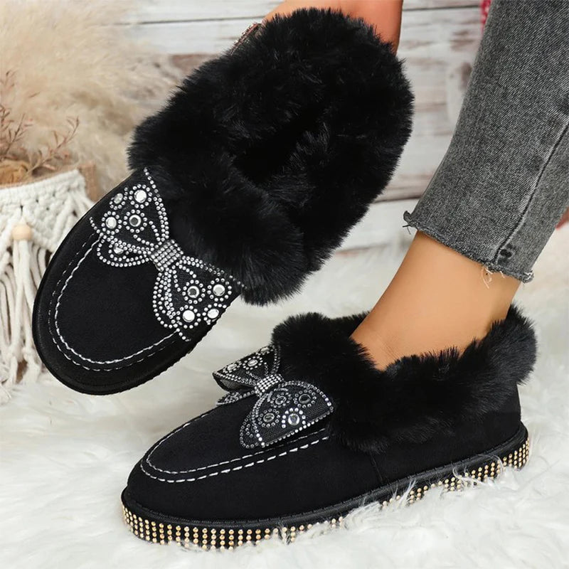 Bowknot Crystal Detor Snow Boot Women Winter Slip On Furry Snow Boots for Woman Round Toe Short Plush Warm Booties Laides