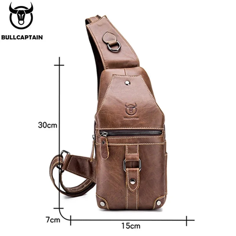 BULLCAPTAIN Retro Chest Bag For Men Men's Scratch-Resistant Cowhide Chest Bag Men's Casual Diagonal Chest Bag Large Capacity Bag