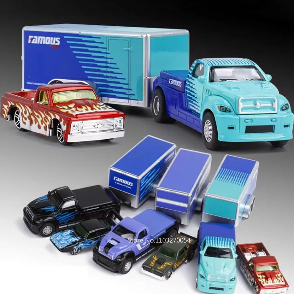 1:64 Container Trailer Alloy Diecast Model Toys Car Tailgate Can Be Lowered Pull Back Miniature Vehices Children's Surprise Gift