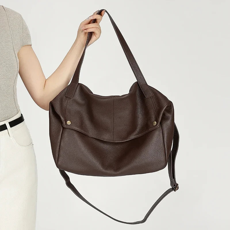 Genuine Cowhide Leather Large Slouchy Tote Bag for Women Pebbled Leather Foldable Shoulder Crossbody Bag Casual Leather Yoga Bag