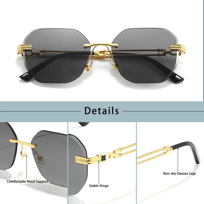 CATERSIDE Pilot Rimless Sunglasses Men Polygonal Metal Frame Women Sun Glasses Beach Shopping Gift Party Eyewear Summer Style