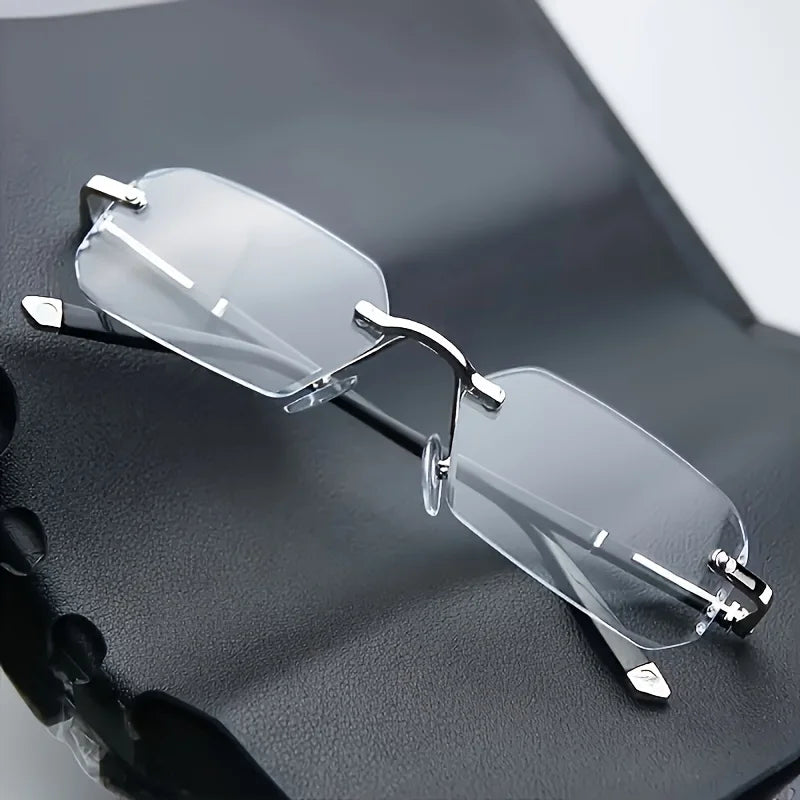 A stylish, unisex, frameless flat-lens sunglasses with transparent lenses, featuring a rectangular design for casual wear.