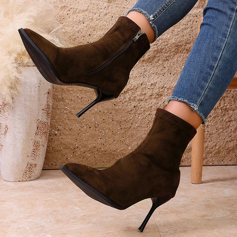 Faux Suede Stiletto Heel Ankle Boots Women Fashion Pointed Toe High Heeled Boots Woman Plus Size 42 Zippers Short Booties Mujer