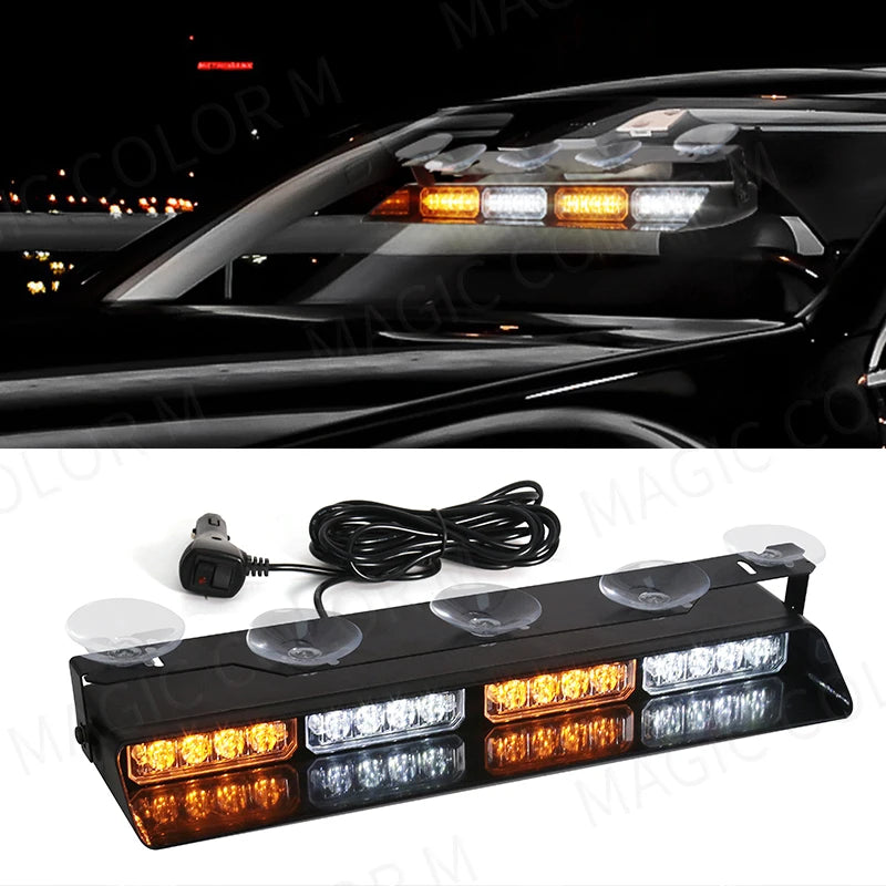16 LED Car Strobe Light For Emergency Flash Warning Lamp Windshield Bar Red Blue Amber White Waterproof Auto Light Assembly 12V