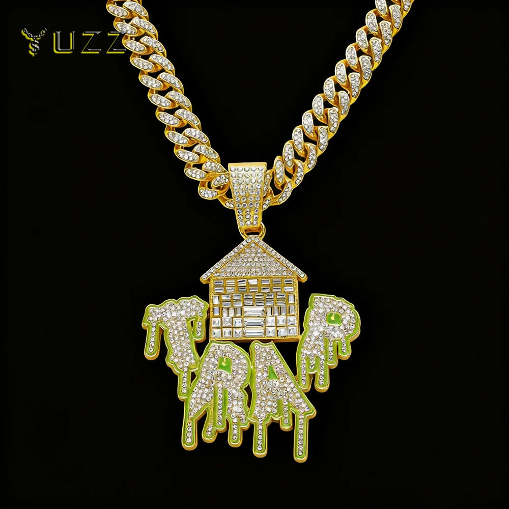New Men's Exaggerated Trap House Pendant Cuban Necklace Hip Hop Style Iced Out Rhinestone House Letter Necklaces Charm Jewelry