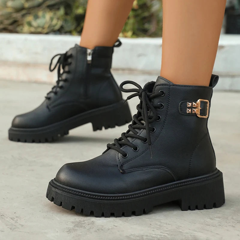 Fashion Buckel Thick Sole Ankle Boots Women Lace Up Punk Motorcycle Boots Woman Pu Leather Thicken Plush Short Booties Mujer