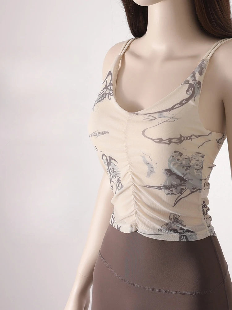 Women's Beauty Back Yoga Bra Sling Fixed One-Piece Chest Pad Sports Underwear Printed Pleated Navel Fitness Tops