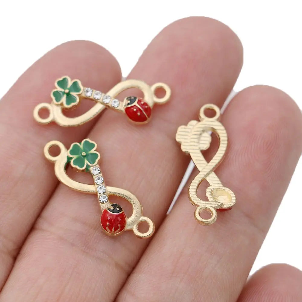 10Pcs Gold Color Crystal Enamel Infinity Beetle Clover Charm Connectors for Jewelry Making Bracelet Accessories DIY Craft