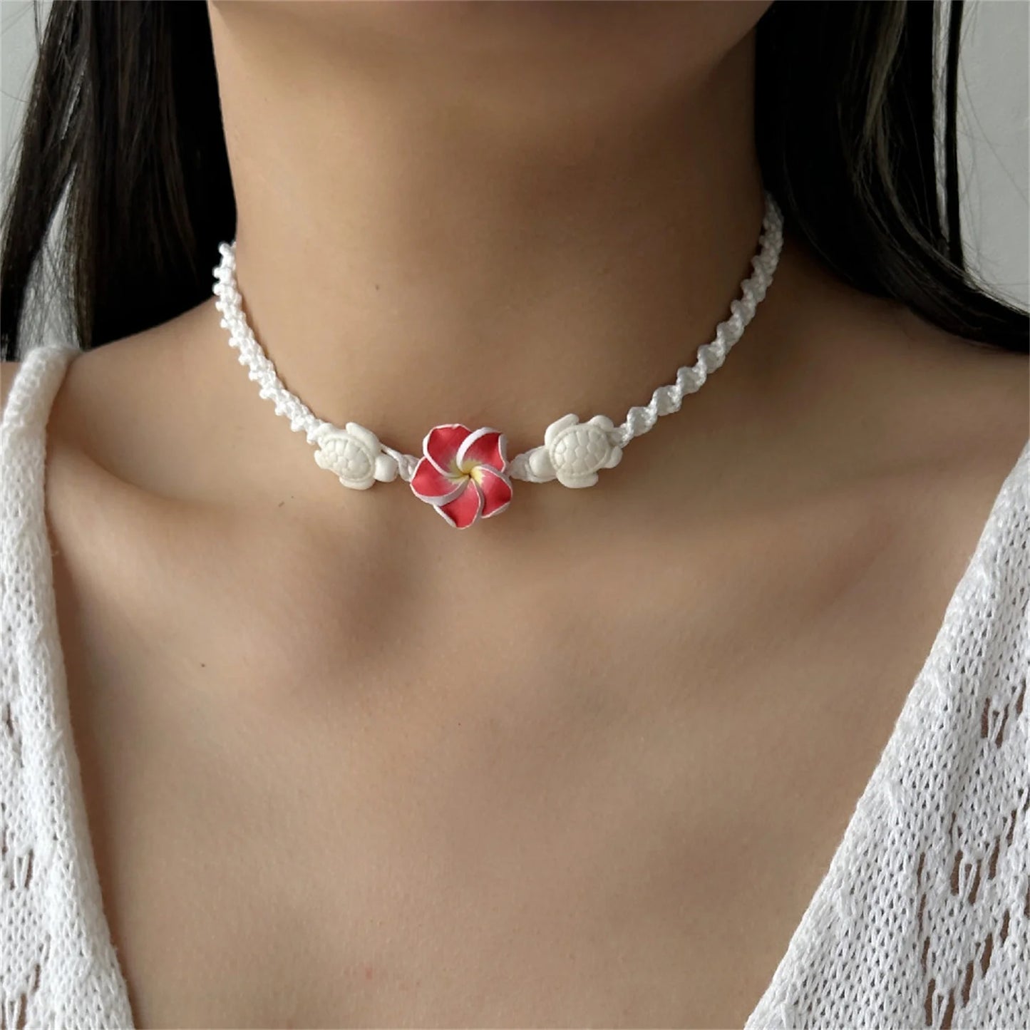 Bohemian White Plumeria Flower Necklace for Women Handmade Colorful Beaded Choker Summer Beach Vacation Jewelry Gift 2026 Trend