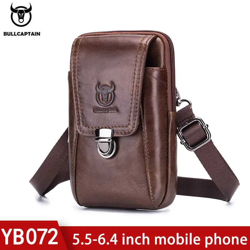BULLCAPTAIN Genuine Leather Men's Waist Packs Phone Pouch Bags Waist Bag Male Small Chest Shoulder Belt Bag Small Waist Packs
