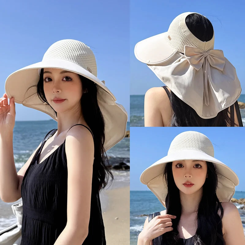 8487Summer large brimmed sun hat women's outdoor outing sun hat removable shawl neck protector empty fisherman hat