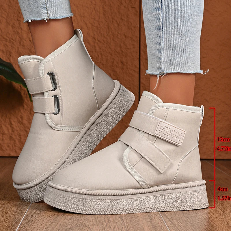 Hook Loop Pu Leather Platform Snow Boots Women Thick Bottom Warm Plush Ankle Boots Woman Comfot Anti Slip Winter Booties Mujer