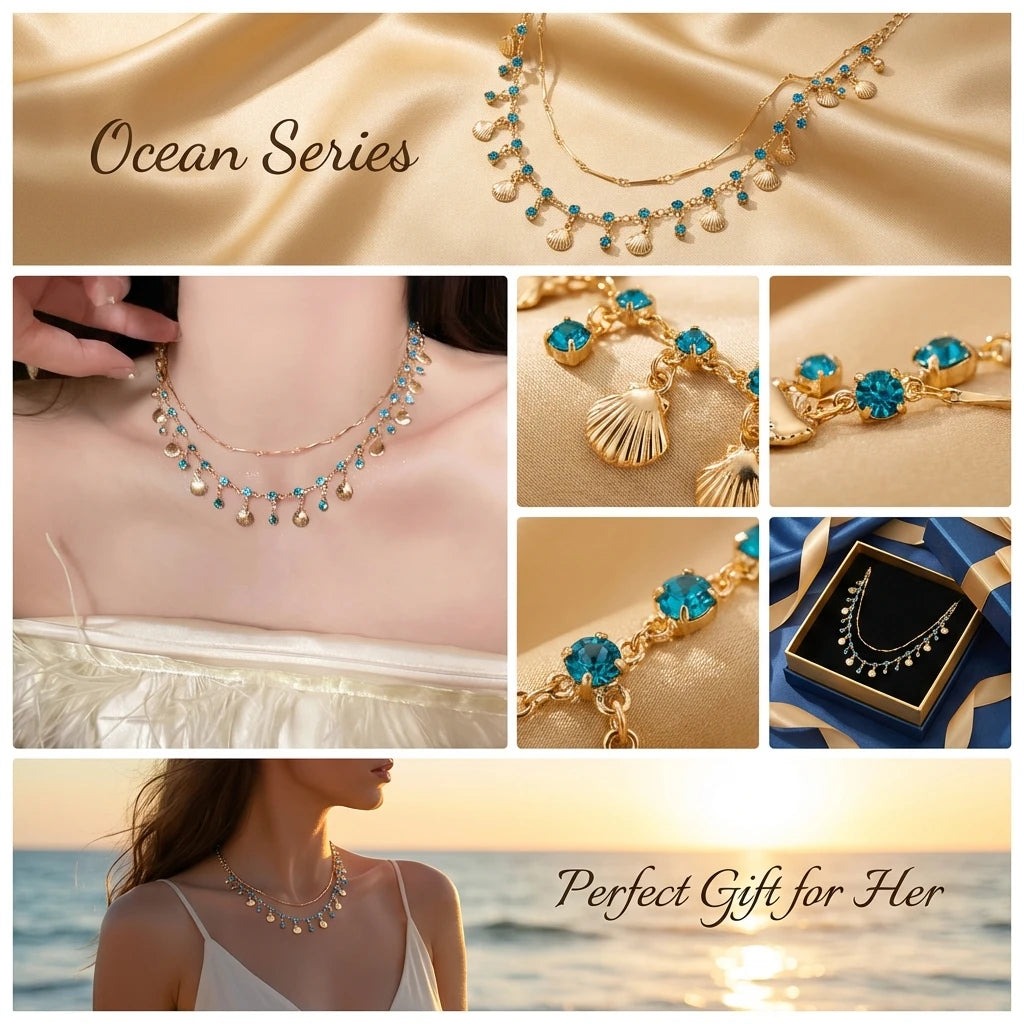 Dainty Gold Plated Scallop Shell Necklace Minimalist Layered Chain Blue Crystal Clavicle Necklace Trendy 2026 Summer Jewelry: