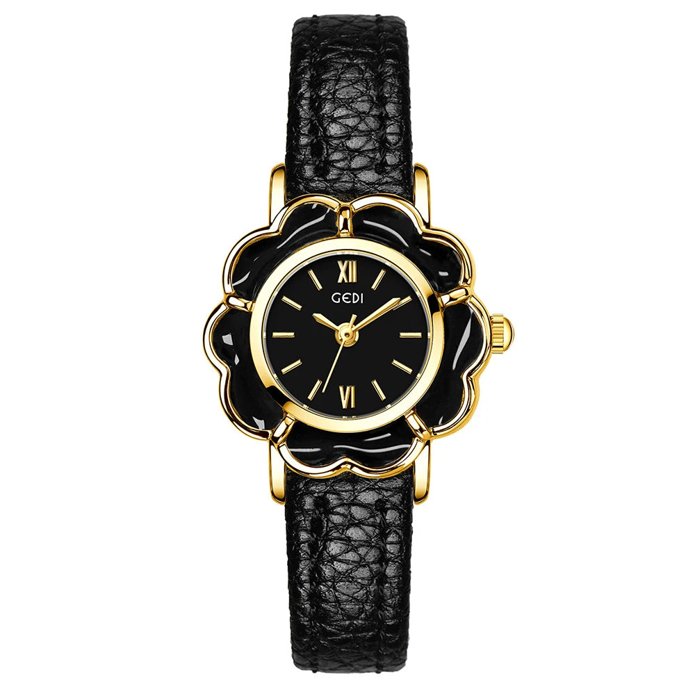 GEDI Fashion Ladies Small Watches Flower Dial Niche Minimalist Exquisite Vintage Leather Strap Quartz Watch Woman