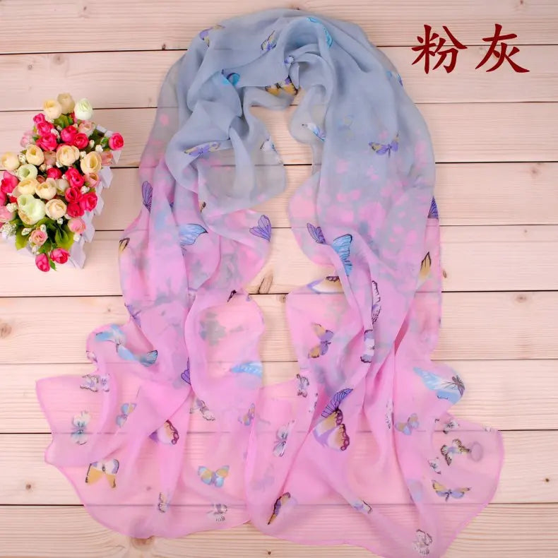 New Yiwu Colorful Little Butterfly Women's Printed Chiffon Long Scarves Wholesale Spring and Summer Printed Scarves