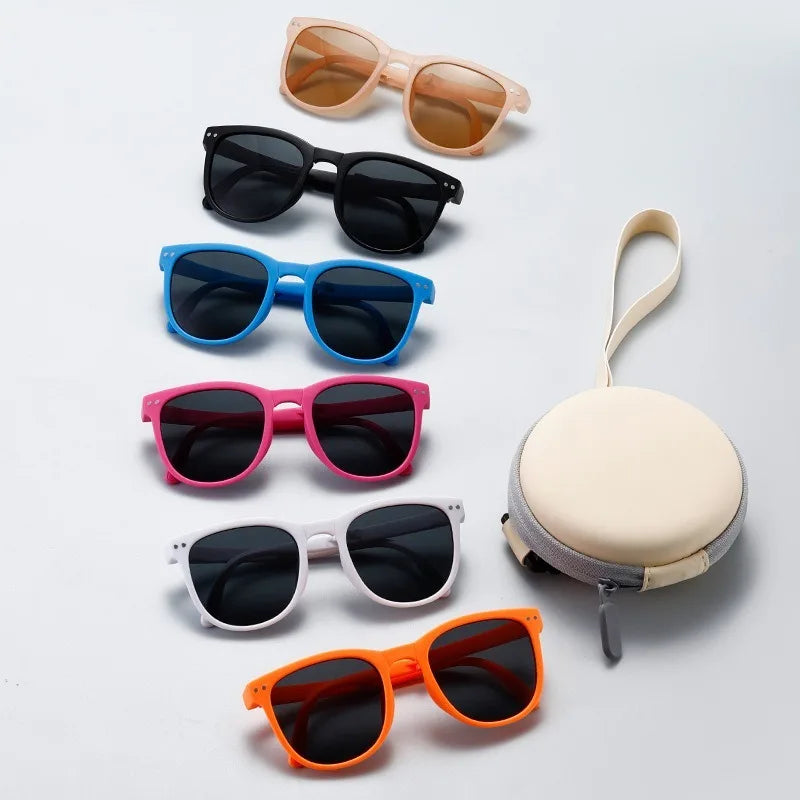 Korean Children Round Foldable Sunglasses  Fashion Sun Glasses Cute Boys Girls Colorful Shades with Case